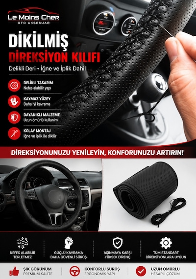 Fiat Egea Cross Lounge Siyah Deri Direksiyon Kılıfı Dikmeli Delikli İğne İplikli Kokusuz