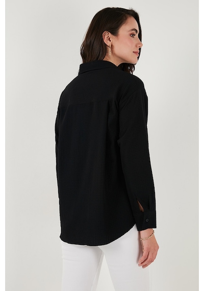 Lela Regular Fit Güpürlü Cep Detaylı Uzun Kollu Bayan Gömlek 6773215 Siyah
