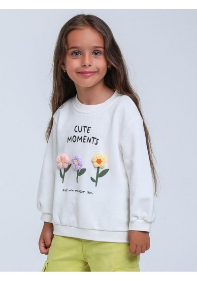 Kız Çocuk Örgü Çiçek Desenli Sweatshirt-14297 Beyaz
