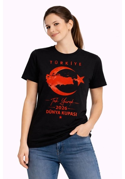 Moda Kadın Türkiye Ay Yıldız 2026 Dünya Kupasi Taraftar Forma T-shirt - Siyah Çok Renkli