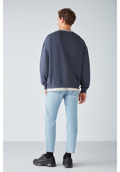 Grimelange Stephan Erkek Yumuşacık Kumaşlı Organik Pamuklu Oversize Fit Yuvarlak Yakalı Antrasit Sweatshirt