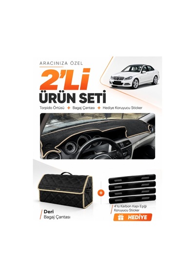 E-biz Mercedes W204 C180 2007-2014 Uyumlu Torpido Örtüsü + Deri Bagaj Çantası - Siyah-bej - Mb006