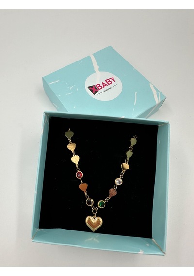 Xbaby Ucu Ve Zinciri Renkli Taşlı Kalpli Gold Kolye
