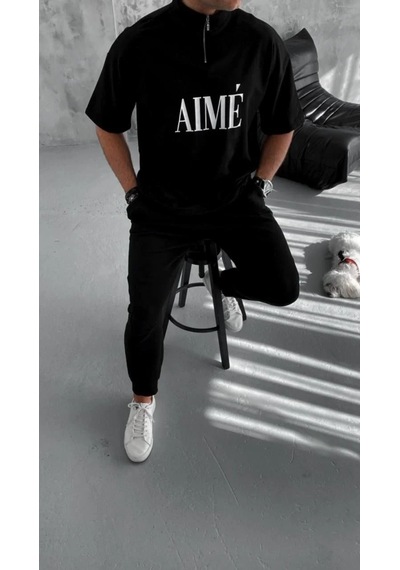 Erkek Yarım Fermuarlı Kısa Kol Baskılı T-shirt - Siyah Siyah
