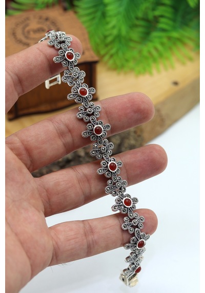 Yakut Taşlı Papatya Model Markazit Kadın Gümüş Bileklik 201024427 Gümüş