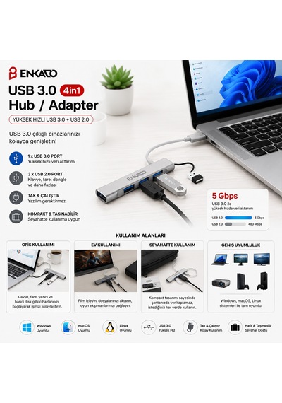 4 Port Usb 3.0 Anahtarlı Hub