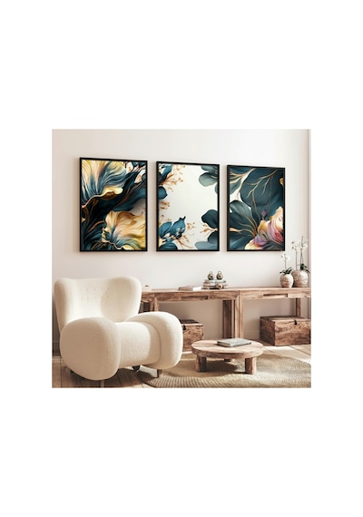 Ahşap Siyah Çerçeveli 3'lü Çiçek Desenli Modern Tablo Seti Huhu217