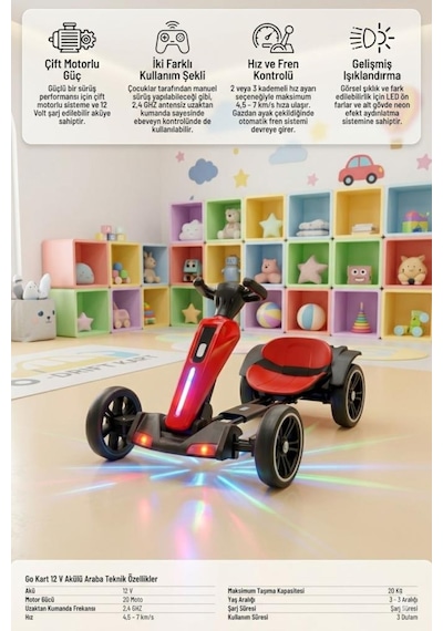 Uzaktan Kumandalı Işıklı 12v Akülü 35kg Taşıma Kapasiteli 7km/h Hızlı Çift Motorlu Çocuk Gokart Kırmızı