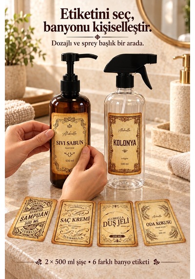 Alubrella 500 Ml Amber Pompalı Ve Şeffaf Sprey Boş Şişe 2 Li Set Ve Banyo Etiketleri