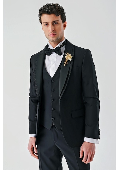 İmza Siyah Çıkarılabilir Şal Yaka Yelekli Likralı 6 Drop Slim Fit Smokin Damatlık 1001240203-Siyah