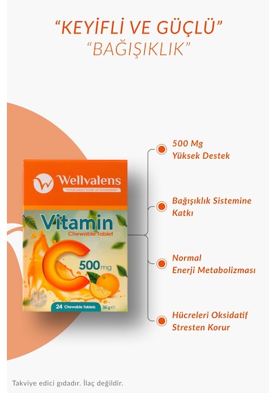 Vitamin C 500 Mg Çiğnenebilir Tablet Şekersiz 24 Tablet, Portakal Aromalı