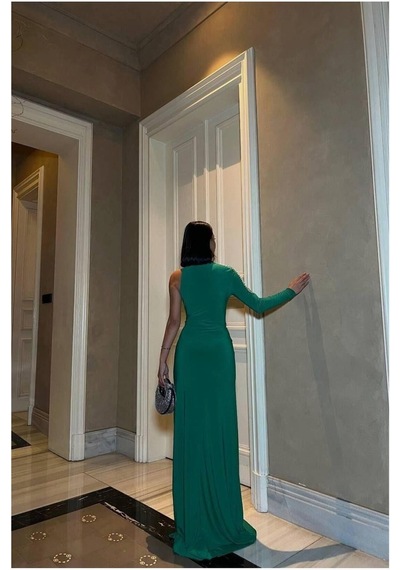 Lior Design Kadın Trend Model Bisiklet Yaka Tek Kollu Abiye Elbise Zümrüt