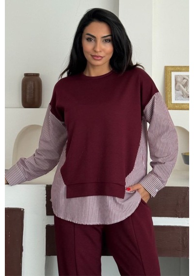 Ded Collectıon Kadın Çizgili Uzun Kollu Gömlek Detaylı Yuvarlak Yaka Sweatshirt Modal Takım Bordo
