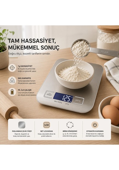 Healtcare Dijital Mutfak Terazisi - Paslanmaz Çelik Yüzeyli Hassas Mutfak Tartısı - Dara İşlevi, Led Ekran, 5 Biri Diğer