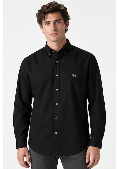 Lacoste Mens Slim Fit Black Shirt Dar Kesim Pamuklu Erkek Gömlek Siyah