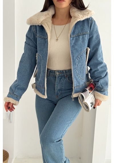 Kadın Kürk Astarlı Denim Ceket Sıcak & Sokak Stili Mavi