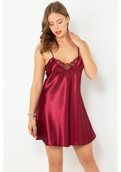 D' Kit Boutique Ince Askılı Güpürlü Mini Saten Gecelik