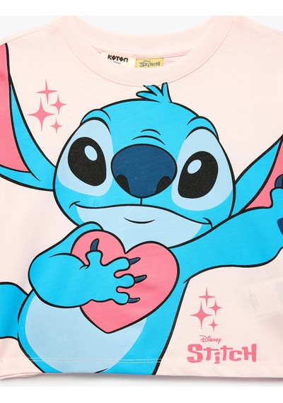 Koton Pamuklu Kısa Kollu Bisiklet Yaka Lisanslı Stitch Baskılı Tişört Pembe 6skg10495ak Gül