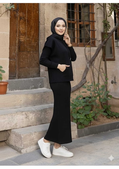 Sayzen Your Shine Kapüşonlu Cepli Elbise-kazak 2'li Triko Takım Sy-akr2501 Siyah