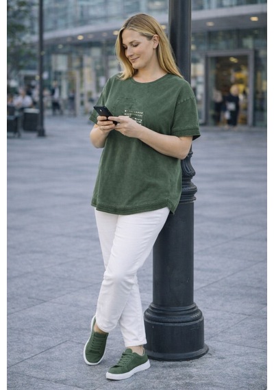 Cedy Denim Cedy - Kadın Özel Tasarım Esnek, Pul Payet, Dantel Detaylı Yıkamalı Büyük Beden Tişört Haki Cedy Denim Cedy - Kadın Özel Tasarım Esnek, Pul Payet, Dantel Detaylı Yıkamalı Büyük Beden Tişört Haki