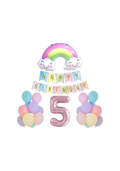 Makaron Gökkuşağı Doğum Günü 5 Yaş Parti Seti,rakam,gökkuşağı Fol