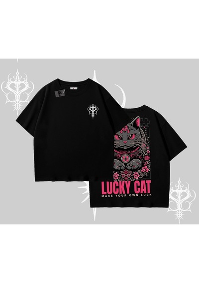 Startmore Startmore Lucky Cat Japon Tarzı Kedi Baskılı Oversize Tshirt Siyah