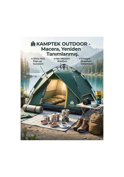 Kamptek Outdoor 4 Kişilik Otomatik Kurulum Kamp Çadırı - Çift Katmanlı, Su Geçirmez, 220x200x140 Cm Yeşil - Renkli