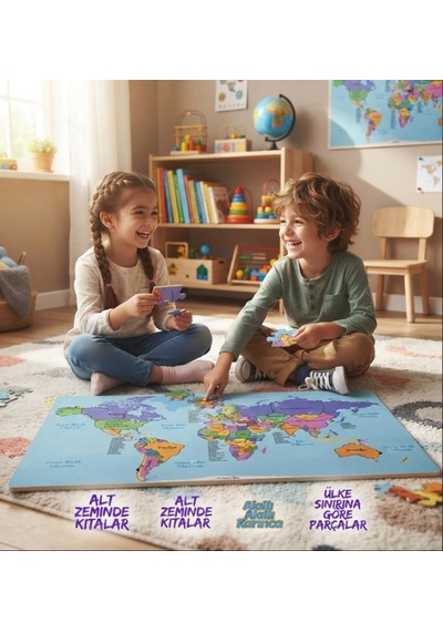 Ahşap Çift Katlı Dünya Haritası Puzzle 50 Parça Eğitici Ve Öğretici Coğrafya Oyunu