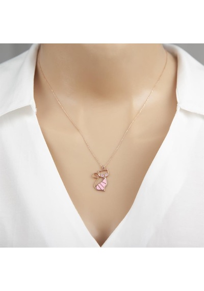 Pembe Kedi Modeli Rodyum Kaplama 925 Gümüş Kadın Kolye
