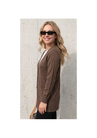 Onno Style Women Yakası Taşlı Çelik Örgü Triko Kadın Ceket Kahverengi