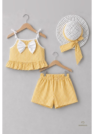 Babyden's Kız Bebek Yazlık Takım Şapkalı Şortlu Takım Askılı Fiyonklu Alt Üst Takım Günlük Özel Gün Kombini Sarı
