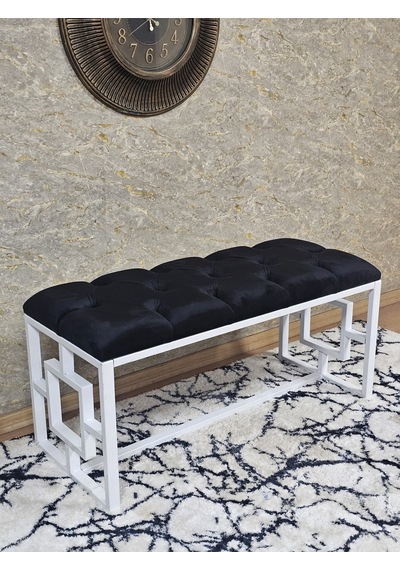 Zafir Beyaz Boyalı İçi Kareli Diktörtgen 100 Cm X 40 Cm Oturak Puf - Bench - Makyaj Oturağı - Oturak Siyah