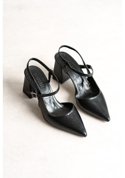 Dabab Shoes Tamara Kadın Siyah Yılan Desenli Sivri Burun Bilekten Bantlı 7 Cm Kalın Topuklu Slingback Ayakkabı