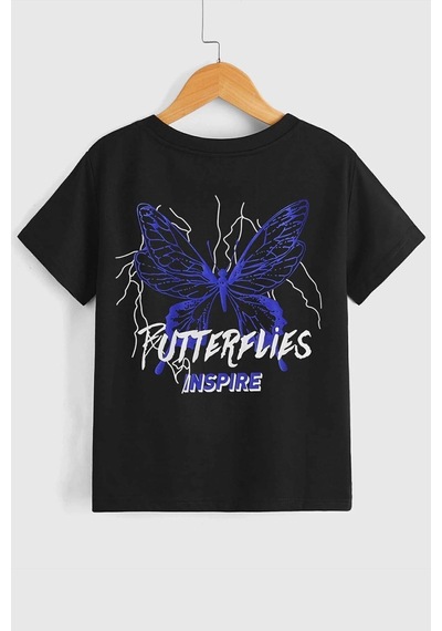 Uyguntarz Çocuk Butterfly & Letter Graphic Pamuklu Tshirt Siyah