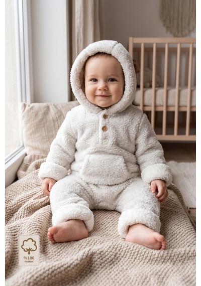 Minory Baby Kapüşonlu Cepli Peluş Bebek Tulum Gri Gri