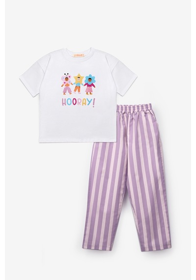 Le Mabelle Lila Hooray Baskılı Çizgi Desenli Çocuk Tişört Pantolon Takım - Edna Lila