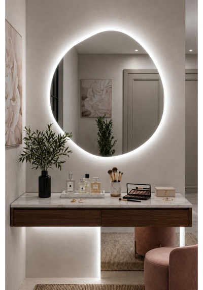 Arya Asimetrik Ledli Ayna Modern Banyo Aynası Şık Tasarım Konsol Aynası Dekoratif Duvar Aynası Beyaz Günışığı Led 60 X 60