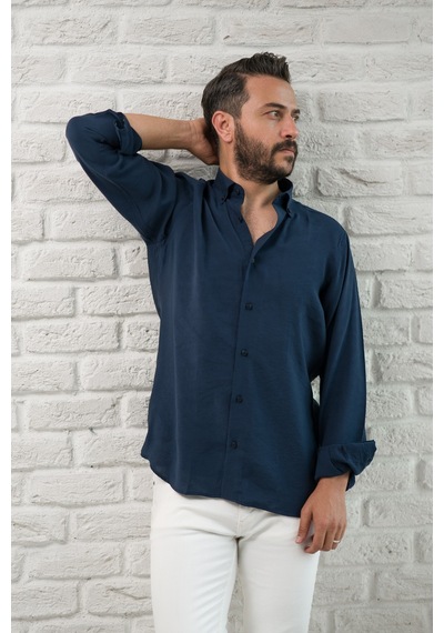 Regular Fit Yaka Düğmeli Yazlık Modal Kumaş Erkek Gömlek Lacivert