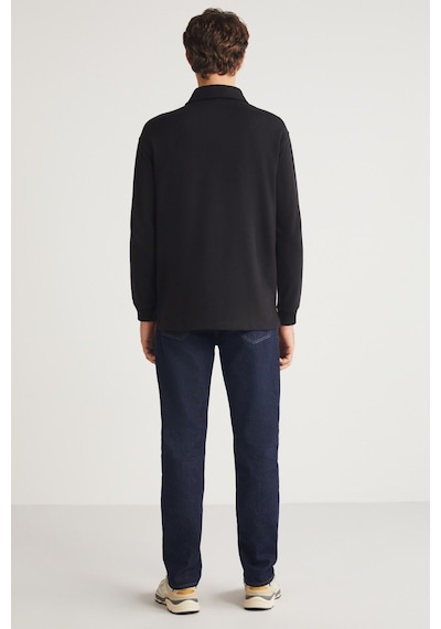 Grımelange JOHN Erkek Polo Sweat Gömlek Yakalı Arkası Uzun Yırtmaçlı Diagonel Kumaşlı Siyah Sweatshirt