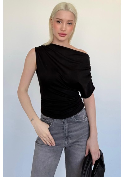 Siyah Tek Omuz Modern Kesim Şık Kadın Bluz Mg2669 Siyah
