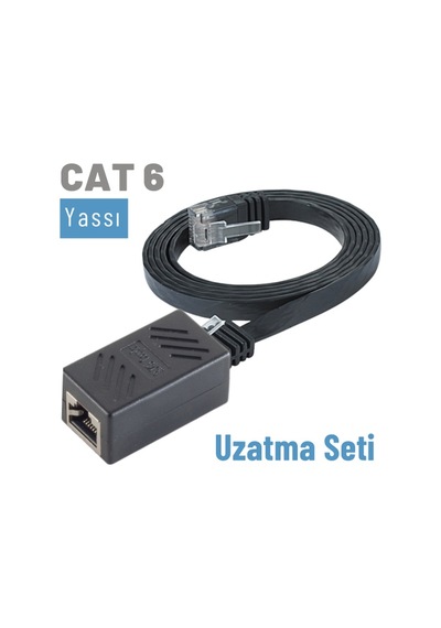 Irenis CAT6 Kablo Uzatma Seti. Yassı Ethernet Kablo ve Ekleyici 5 M-Siyah
