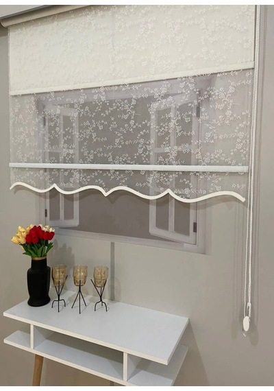 Çiçek Işlemeli Kırık Beyaz Renginde Çift Mekanizmalı Tül Ve Stor Zebra Perde Kırık Beyaz - 109735823 Kırık Beyaz