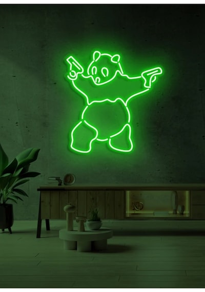 Panda Figürlü Neon Tabela Yeşil