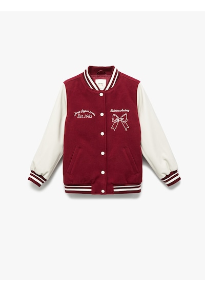 Koton Kurdele İşlemeli Uzun Kollu Bomber Kolej Ceket Bordo 6wkg20005aw Bordo