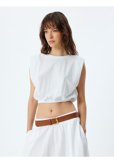 Koton Crop Kolsuz Bluz Bisiklet Yaka Beli Lastikli Viskon Kumaş Beyaz 4sak70097ek Beyaz