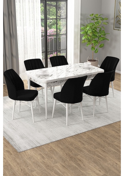 Arel Beyaz Mermer 80x132 Açılabilir Mdf Masa Yemek Odası Takımı, Mutfak Takımı 6 Adet Sandalye Beyaz Mermer - 6 Siyah - Beyaz Ayak Arel Beyaz Mermer 80x132 Açılabilir Mdf Masa Yemek Odası Takımı, Mutfak Takımı 6 Adet Sandalye Beyaz Mermer - 6 Siyah - Beyaz Ayak