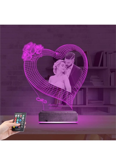 Luvivia Kalp Gül Sevgiliye Hediye Fotoğraflı 3d Lamba - Masa Gece Lambası V1