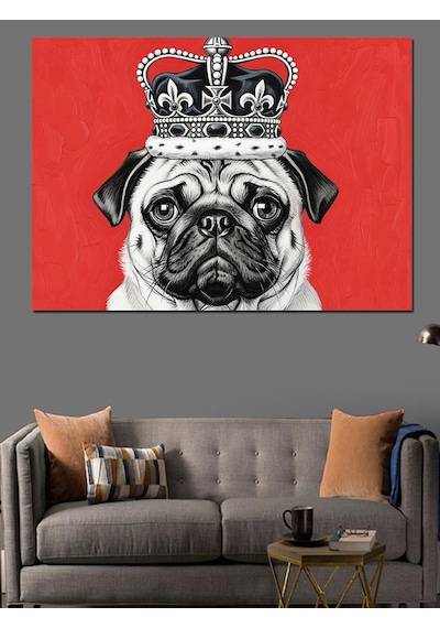 Siyah Beyaz Kraliyet Taçlı Pug Köpek Kırmızı Fon Dekoratif Kanvas - Mdf Ahşap Tablo