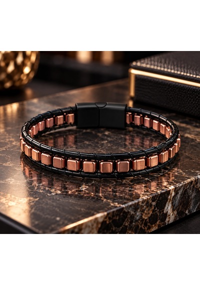 %100 Deri Ve Hematit Kombinli Erkek Bileklik Boyut Net 21 Cm Türk El Üretimi Rose Gold