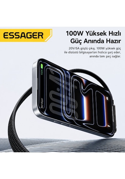Essager 1 Metre 100w Type-c To Type-c Stant Olabilen Hızlı Şarj Kablosu 5a 480mbps Veri Aktarımlı Örgülü Dayanıklı